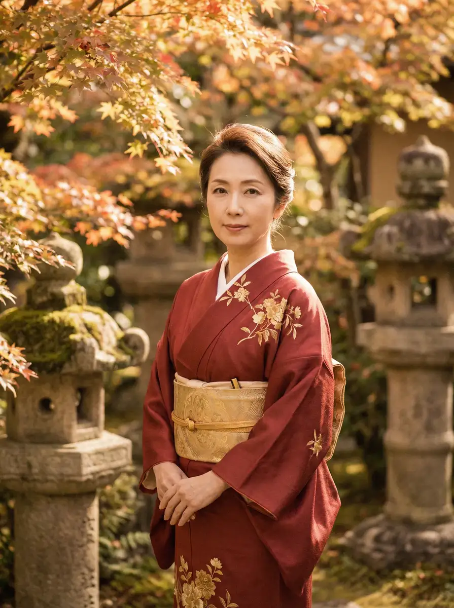 一位身穿暗红色和服的优雅 杏彩体育官网网站 在日式庭院中